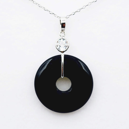 Gold Black Onyx Drop Gemstone Pendant, 14K White Gold Onyx Disc Pendant with Genuine White Topaz, High-Quality Gold and Onyx Jewelry