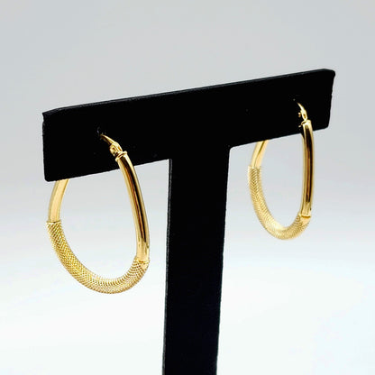 Gold Hoop Women’s Earrings, 10K Yellow Gold Circle Earrings , Hoop Earrings With Mesh Pattern Centre