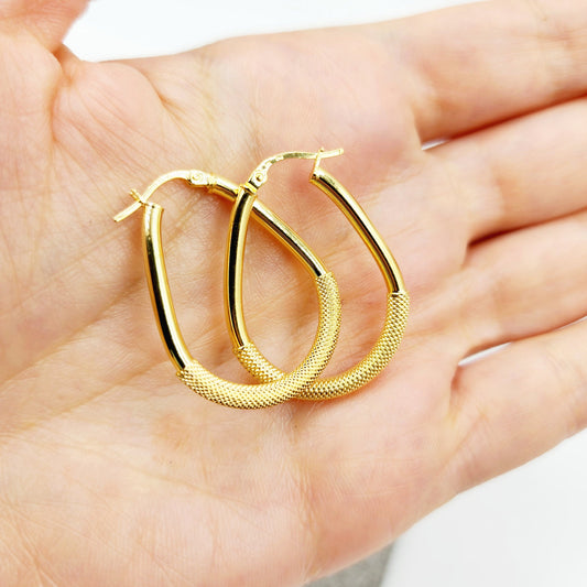 Gold Hoop Women’s Earrings, 10K Yellow Gold Circle Earrings , Hoop Earrings With Mesh Pattern Centre