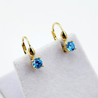 10K Yellow Gold Blue Gemstone Lever Back Earrings, Gold Blue Topaz Earrings for Women, Drop Earrings with Gemstone, Gift For Her