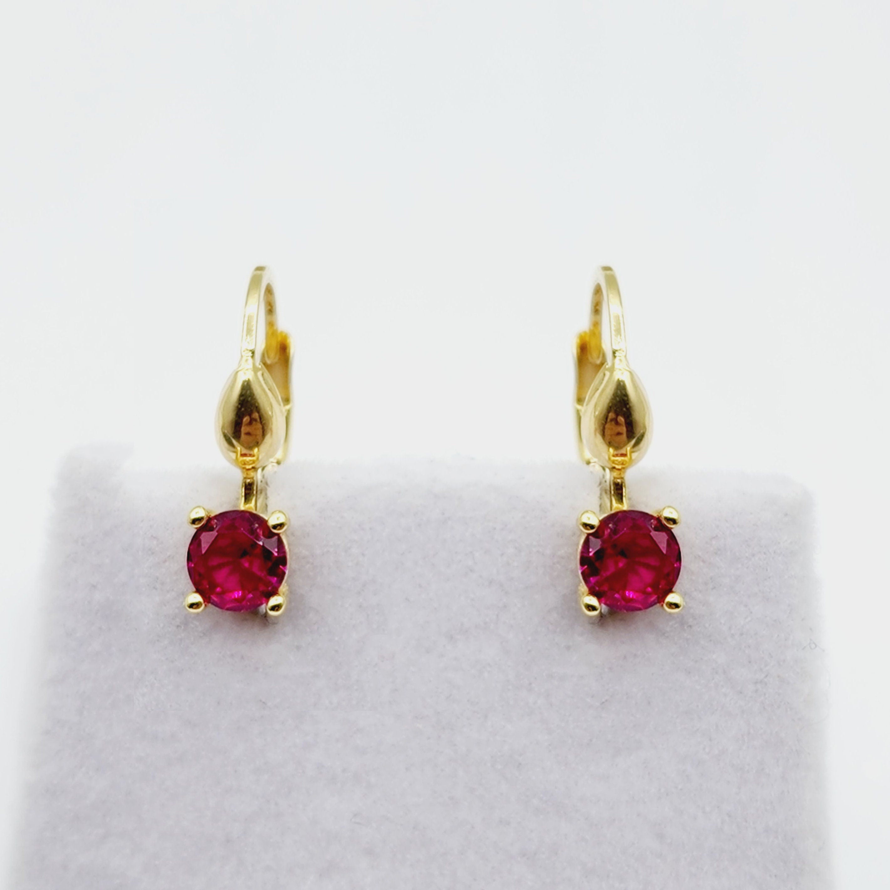10K Yellow Gold Red Gemstone Lever Back Earrings, Gold Ruby Earrings for Women, Drop Earrings with Gemstone, Gift For Her