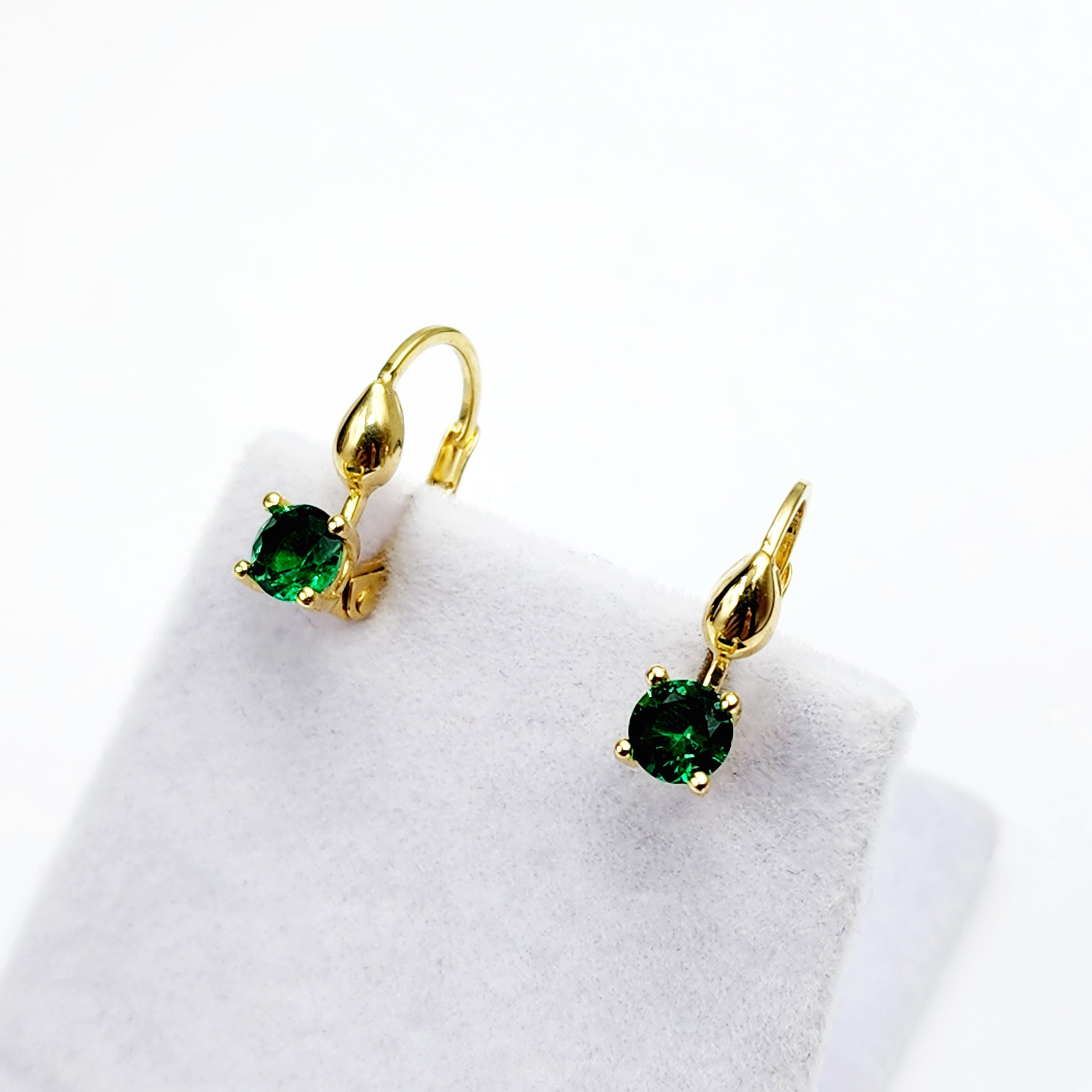10K Yellow Gold Green Gemstone Lever Back Earrings, Gold Emerald Earrings for Women, Drop Earrings with Gemstone, Gift For Her
