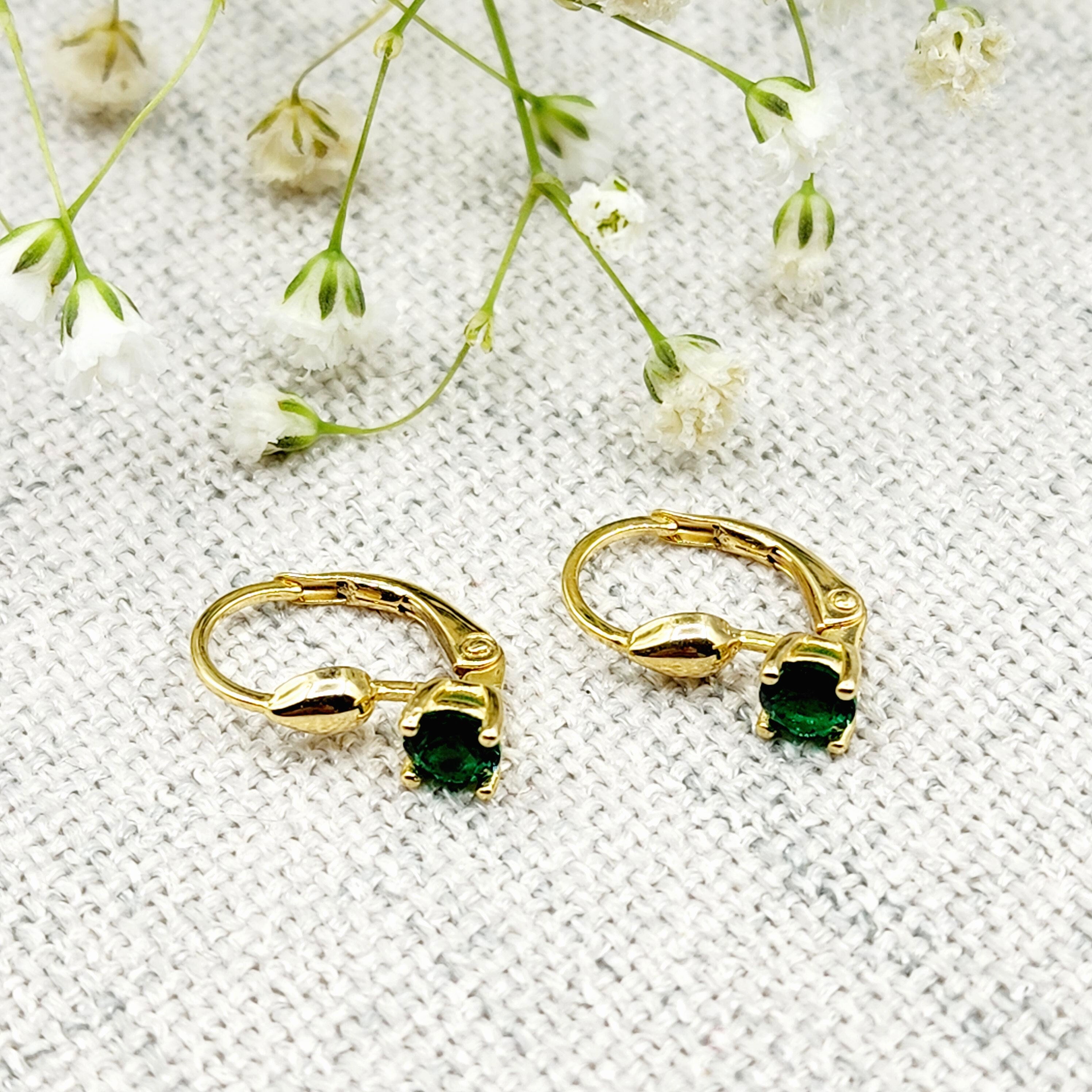 10K Yellow Gold Green Gemstone Lever Back Earrings, Gold Emerald Earrings for Women, Drop Earrings with Gemstone, Gift For Her
