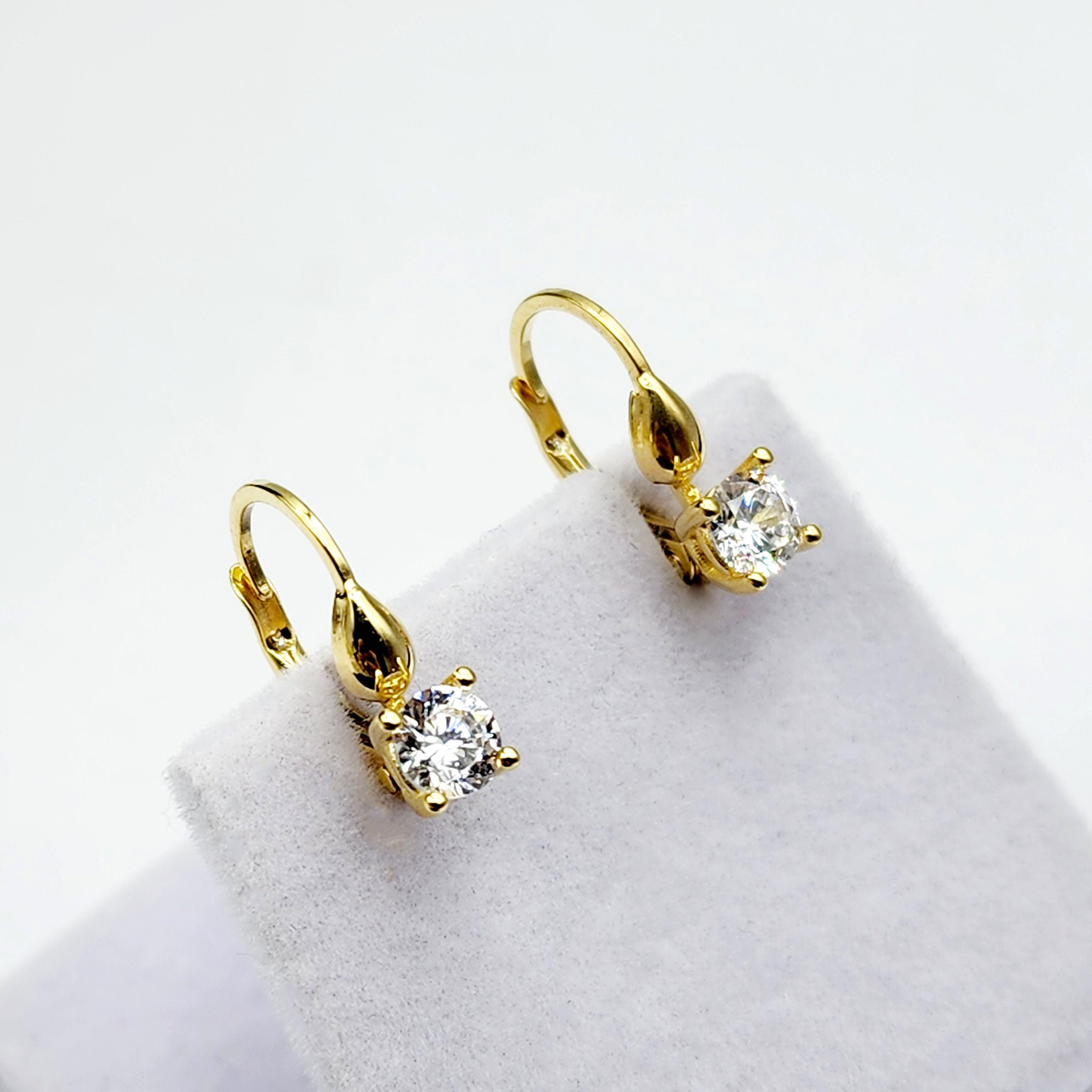 10K Yellow Gold White Gemstone Lever Back Earrings, Gold Cubic Zirconia Earrings for Women, Drop Earrings with Gemstone, Gift For Her
