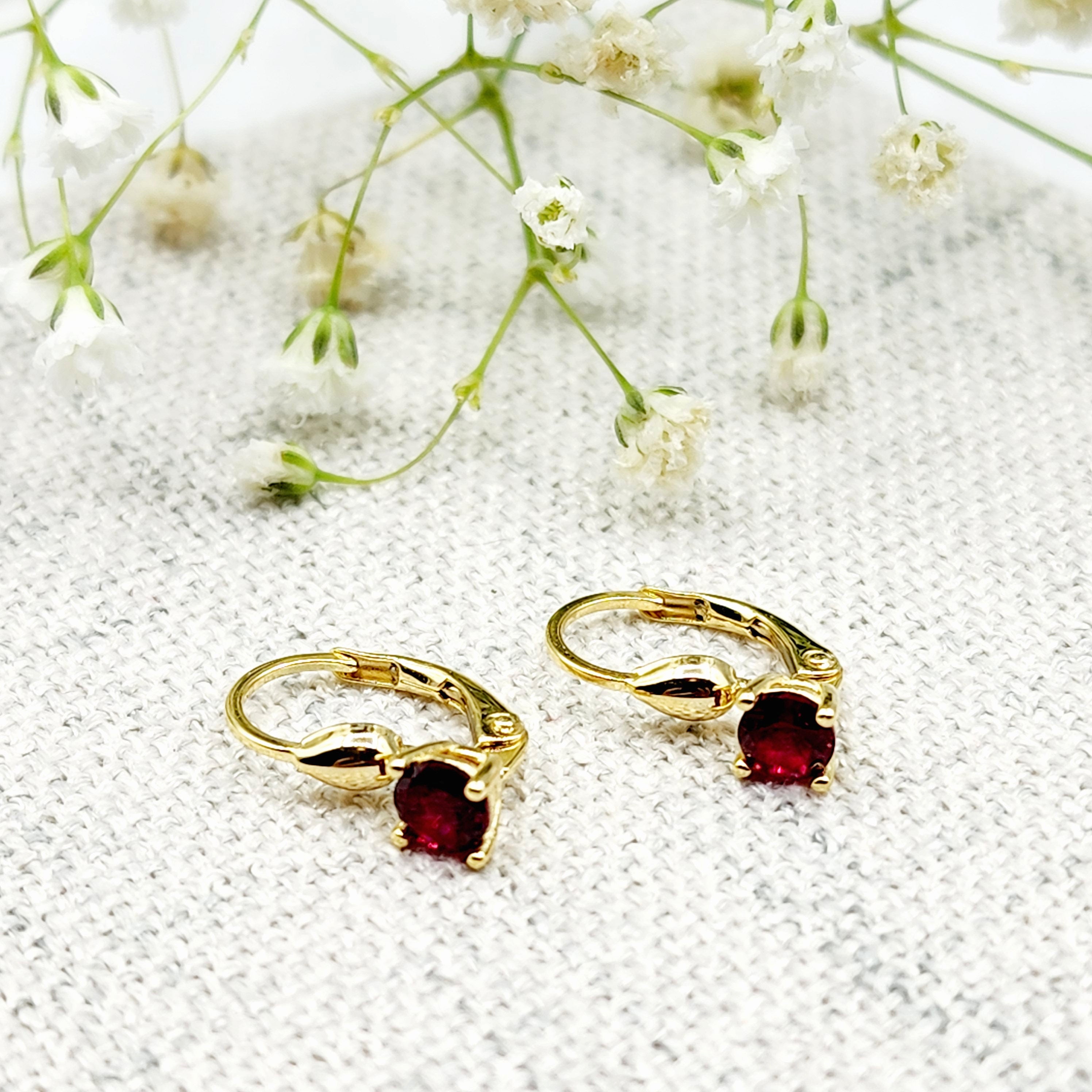 10K Yellow Gold Red Gemstone Lever Back Earrings, Gold Garnet Earrings for Women, Drop Earrings with Gemstone, Gift For Her