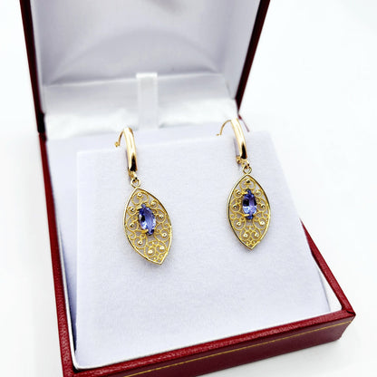 10K Gold Genuine Tanzanite Earrings, Marquise Natural Tanzanite 8x4mm Lever Back Earrings, December Birthstone, Drop Earrings for Women