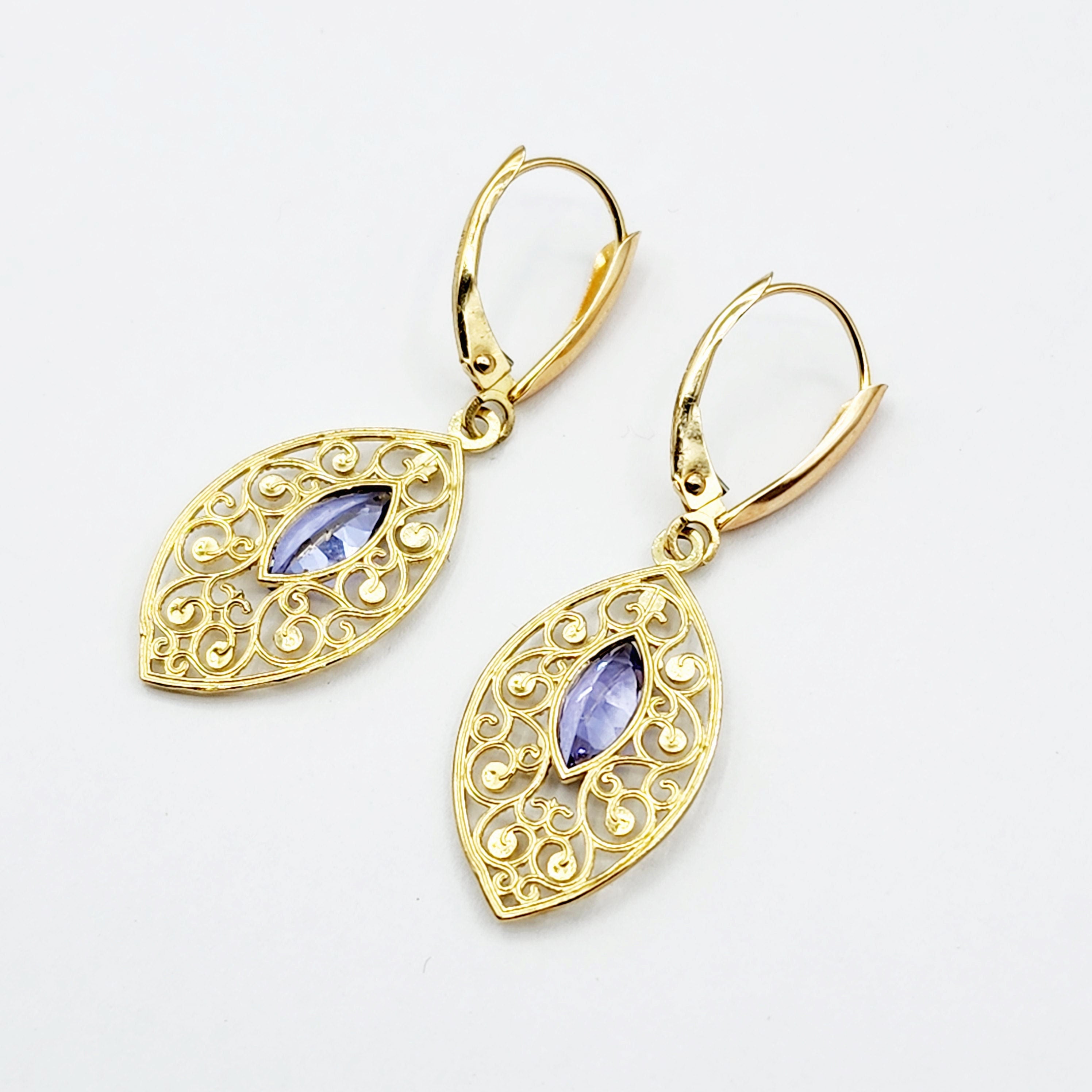 10K Gold Genuine Tanzanite Earrings, Marquise Natural Tanzanite 8x4mm Lever Back Earrings, December Birthstone, Drop Earrings for Women