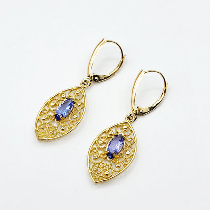 10K Gold Genuine Tanzanite Earrings, Marquise Natural Tanzanite 8x4mm Lever Back Earrings, December Birthstone, Drop Earrings for Women