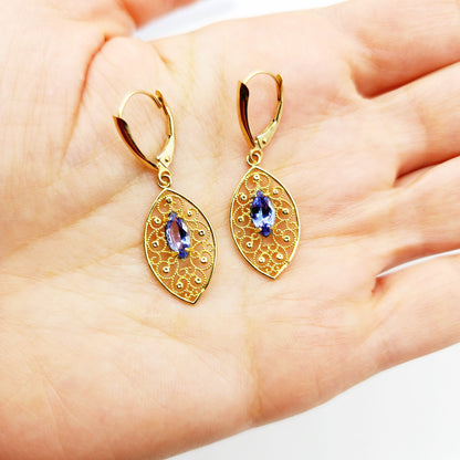 10K Gold Genuine Tanzanite Earrings, Marquise Natural Tanzanite 8x4mm Lever Back Earrings, December Birthstone, Drop Earrings for Women