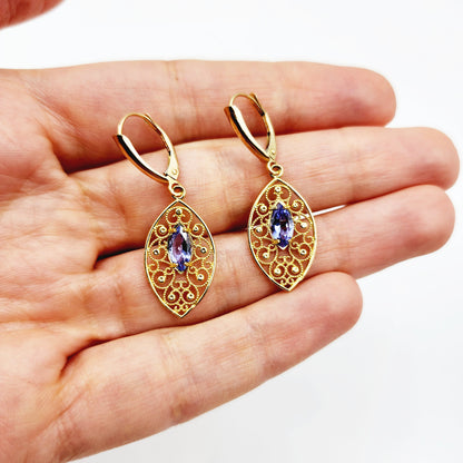 10K Gold Genuine Tanzanite Earrings, Marquise Natural Tanzanite 8x4mm Lever Back Earrings, December Birthstone, Drop Earrings for Women