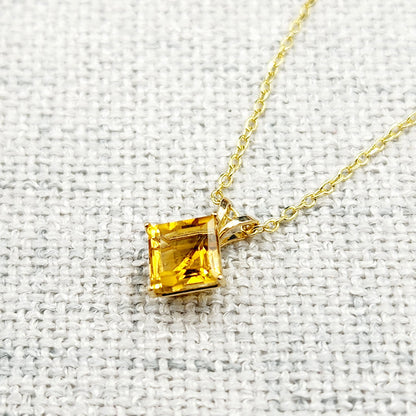 Gold Citrine Pendant Necklace , 10K Yellow Gold Citrine 6x6mm Pendant, November Birthstone Jewelry Gift for Women, Square Gemstone Pendant