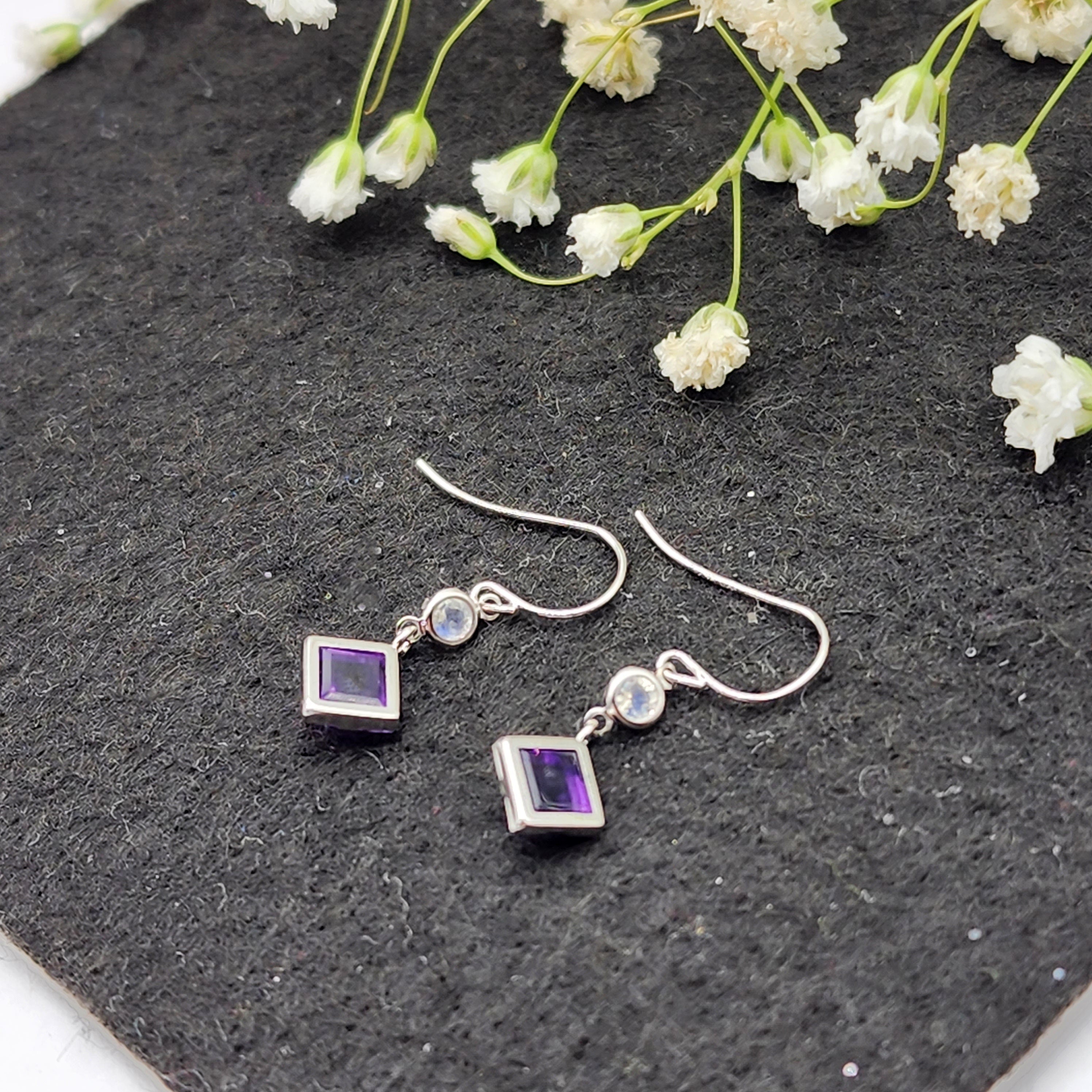 10K White Gold Amethyst with Moonstone Drop Earrings, February Birthstone Gift for Her