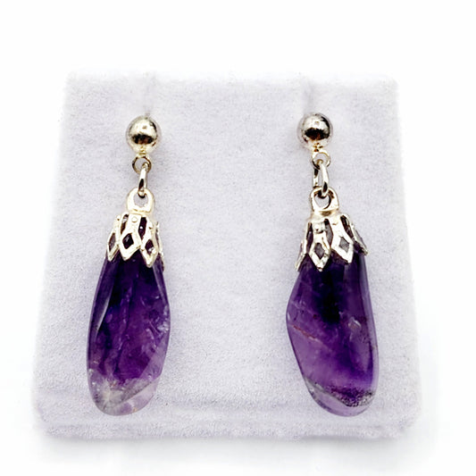 Silver Natural Amethyst Drop Earrings, February Birthstone, Amethyst Set Jewelry for Women, Gift for Girls