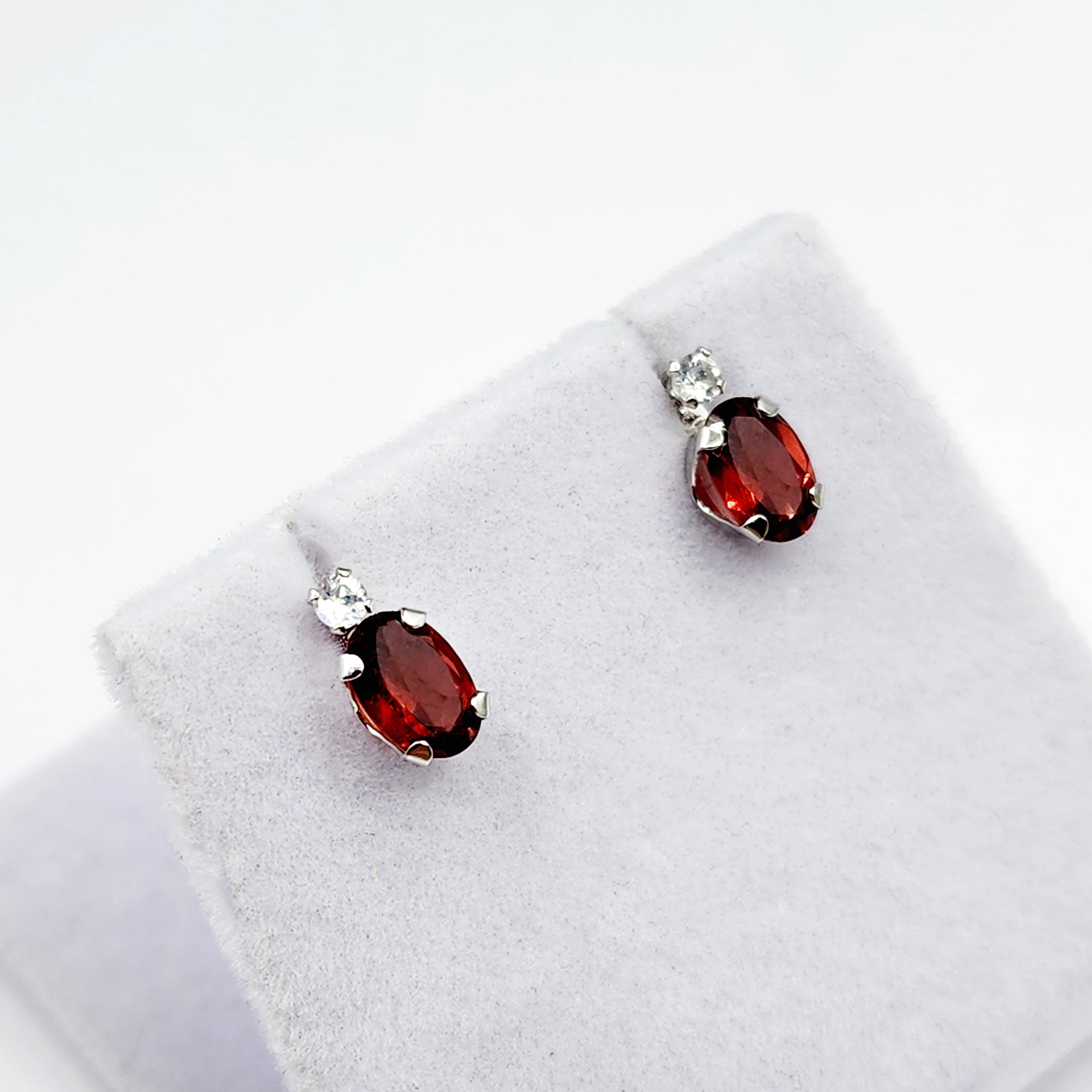 10K White Gold Garnet with Moonstone Earrings | Gold Genuine Garnet Stud Earrings, January Birthstone Jewelry, Earrings For Women