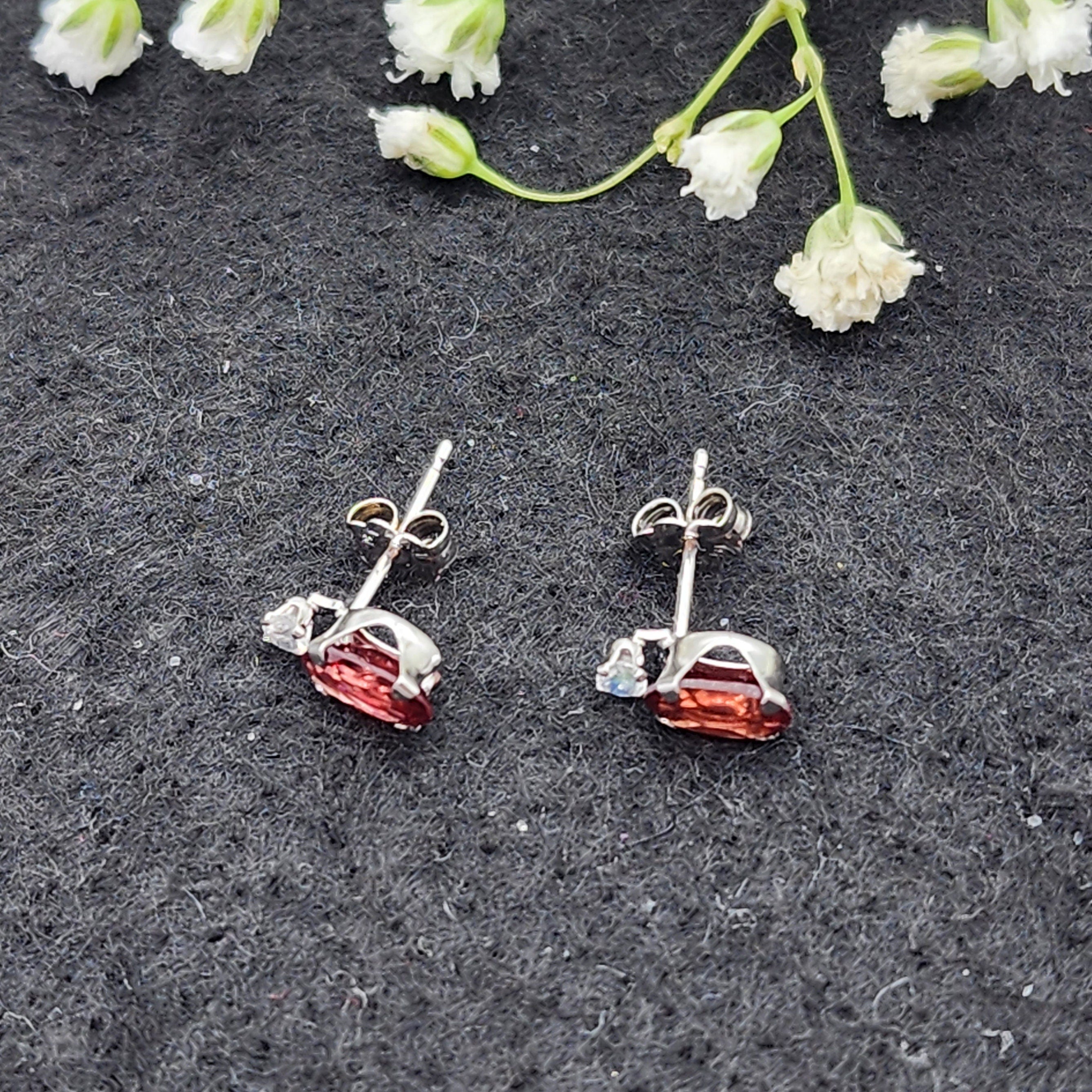 10K White Gold Garnet with Moonstone Earrings | Gold Genuine Garnet Stud Earrings, January Birthstone Jewelry, Earrings For Women