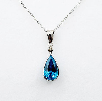 14K Gold Blue Zircon Pendant Necklace, 14K White Gold Blue Zircon 10x6mm With Diamond Pendant for Women