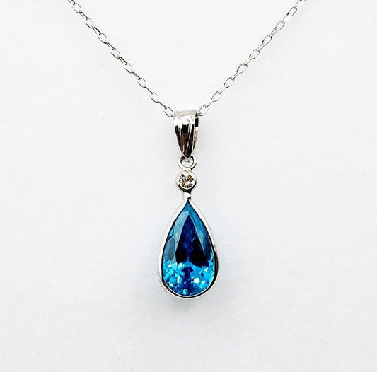 14K Gold Blue Zircon Pendant Necklace, 14K White Gold Blue Zircon 10x6mm With Diamond Pendant for Women