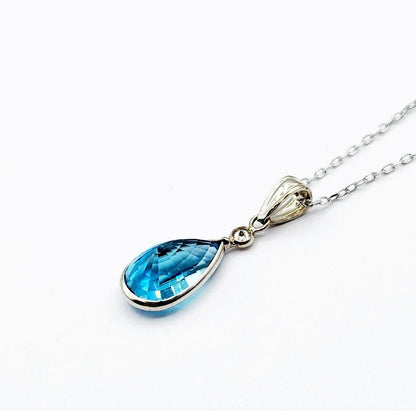 14K Gold Blue Zircon Pendant Necklace, 14K White Gold Blue Zircon 10x6mm With Diamond Pendant for Women