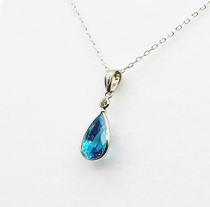 14K Gold Blue Zircon Pendant Necklace, 14K White Gold Blue Zircon 10x6mm With Diamond Pendant for Women