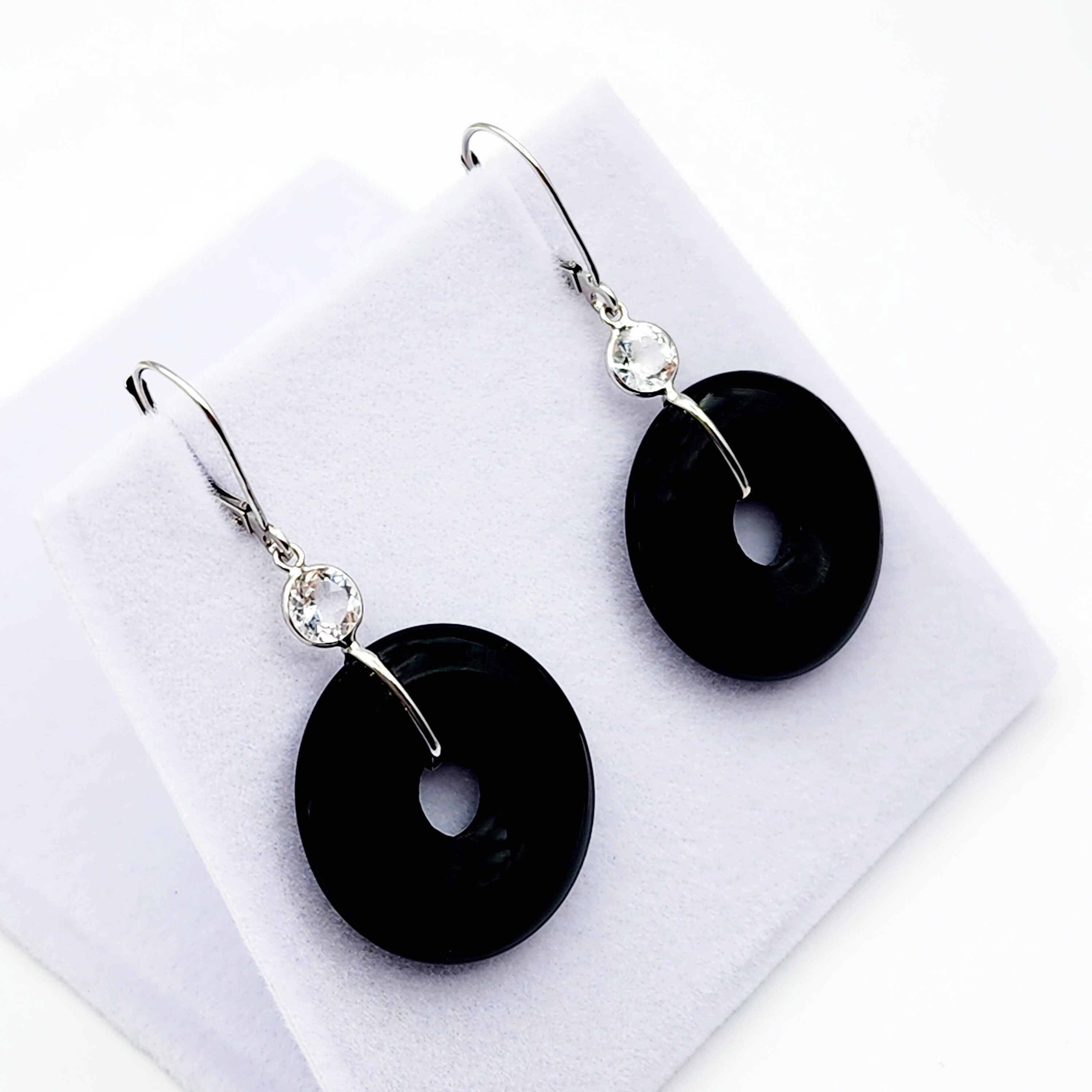 Gold Black Onyx Drop Earrings, 14K White Gold Gemstone Drop Earrings for Women, Black Jewelry for Women, Gemstone Drop Earrings for Her