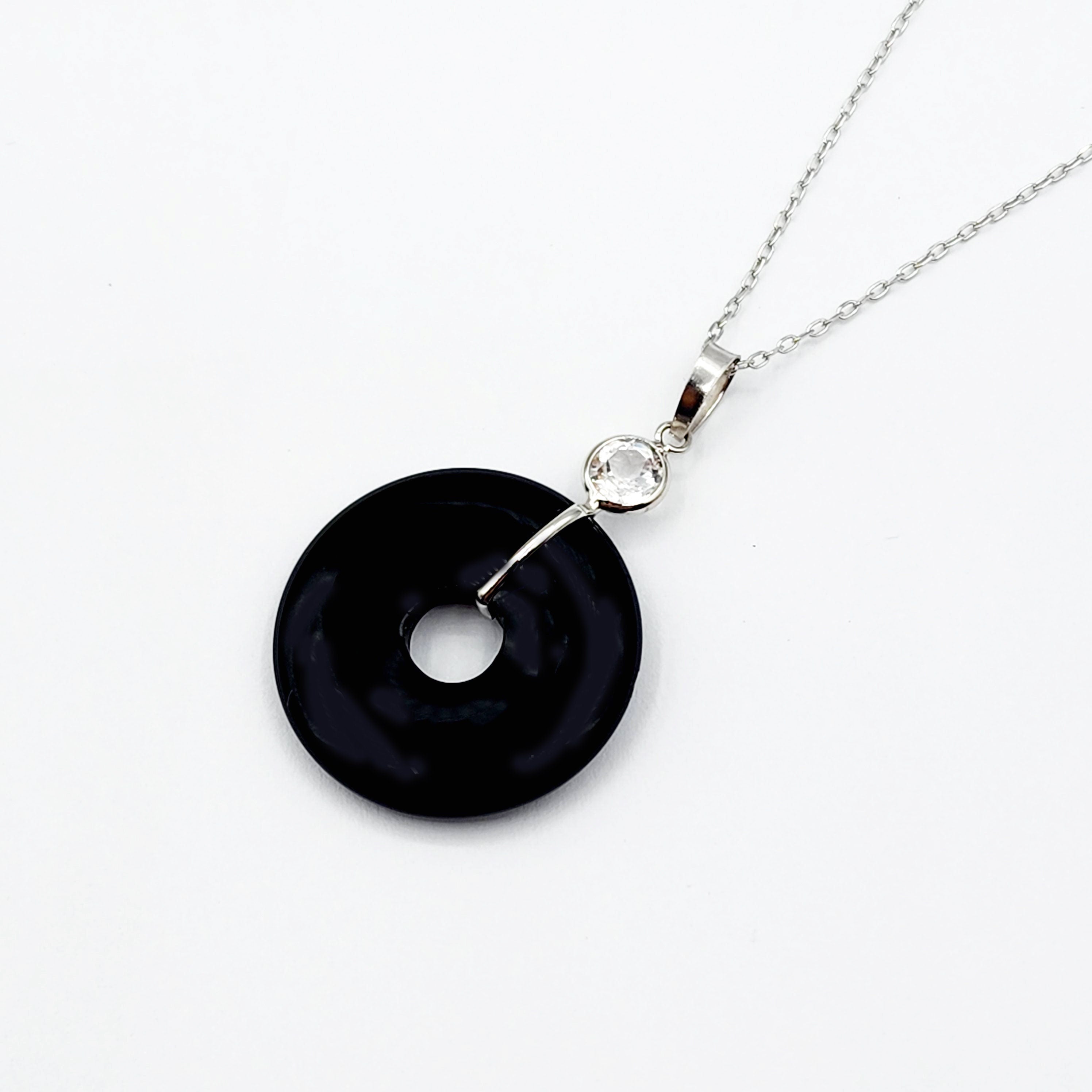 Gold Black Onyx Drop Gemstone Pendant, 14K White Gold Onyx Disc Pendant with Genuine White Topaz, High-Quality Gold and Onyx Jewelry