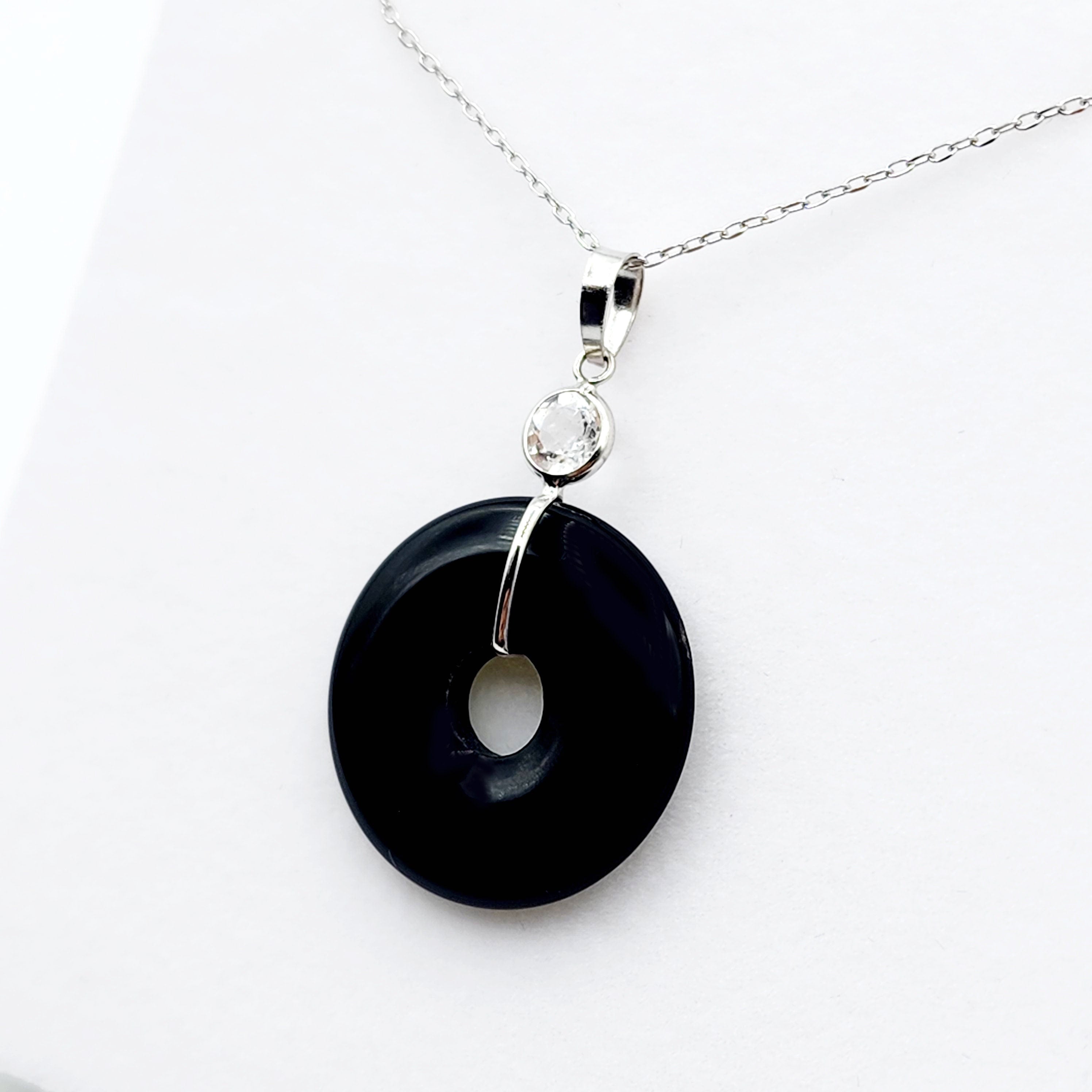 Gold Black Onyx Drop Gemstone Pendant, 14K White Gold Onyx Disc Pendant with Genuine White Topaz, High-Quality Gold and Onyx Jewelry