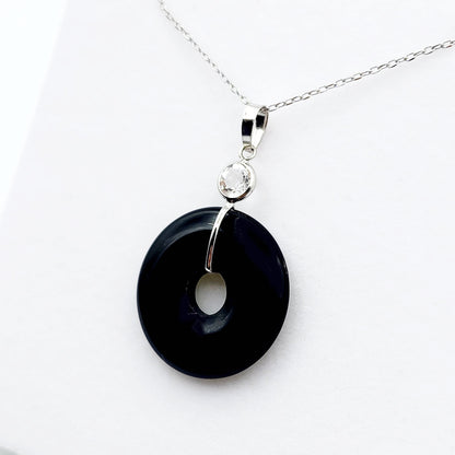 Gold Black Onyx Drop Gemstone Pendant, 14K White Gold Onyx Disc Pendant with Genuine White Topaz, High-Quality Gold and Onyx Jewelry