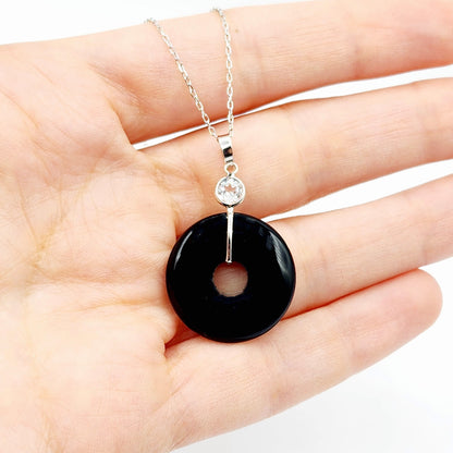 Gold Black Onyx Drop Gemstone Pendant, 14K White Gold Onyx Disc Pendant with Genuine White Topaz, High-Quality Gold and Onyx Jewelry