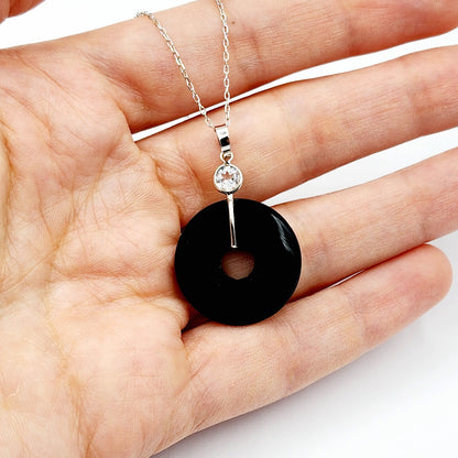 Gold Black Onyx Drop Gemstone Pendant, 14K White Gold Onyx Disc Pendant with Genuine White Topaz, High-Quality Gold and Onyx Jewelry
