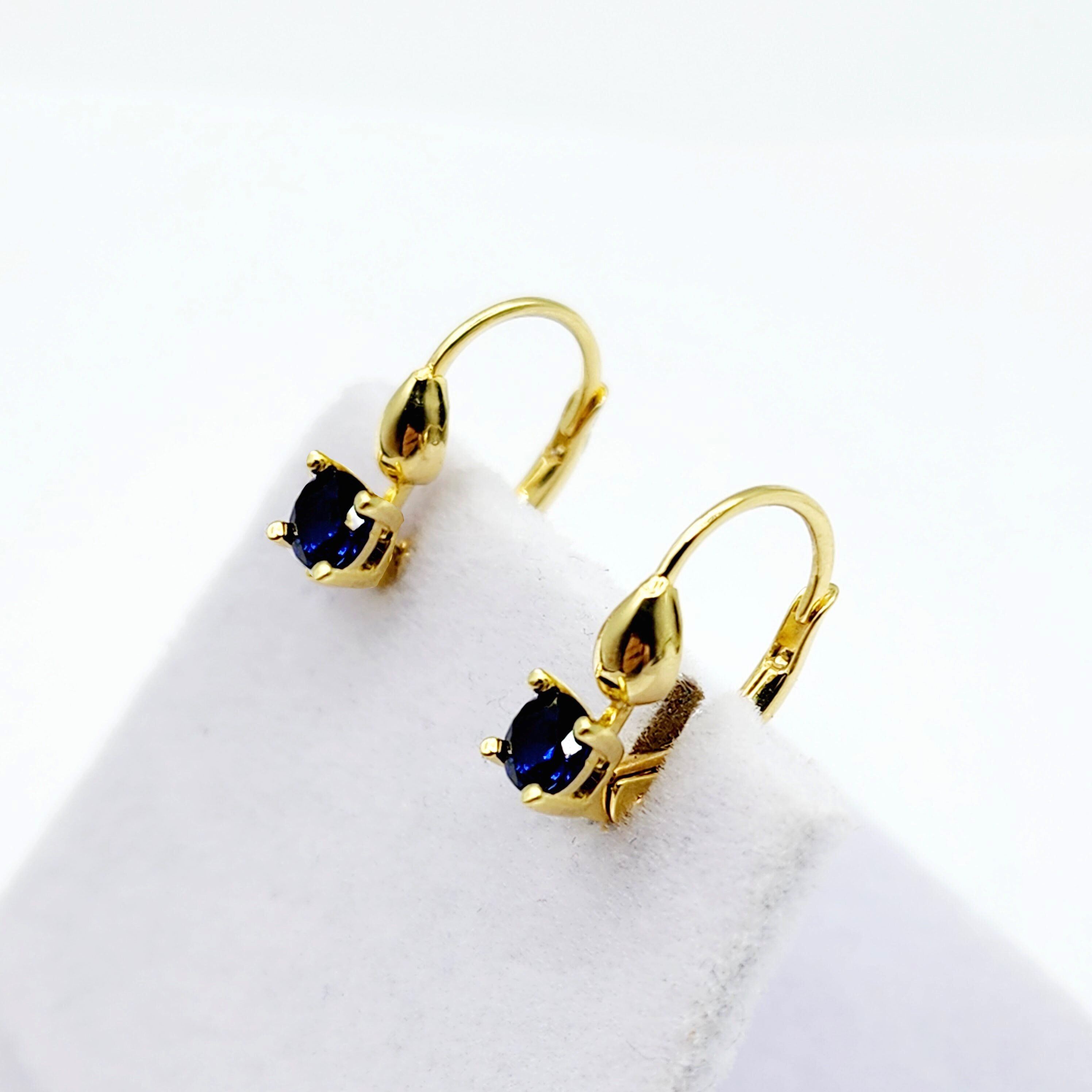10K Yellow Gold Blue Gemstone Lever Back Earrings