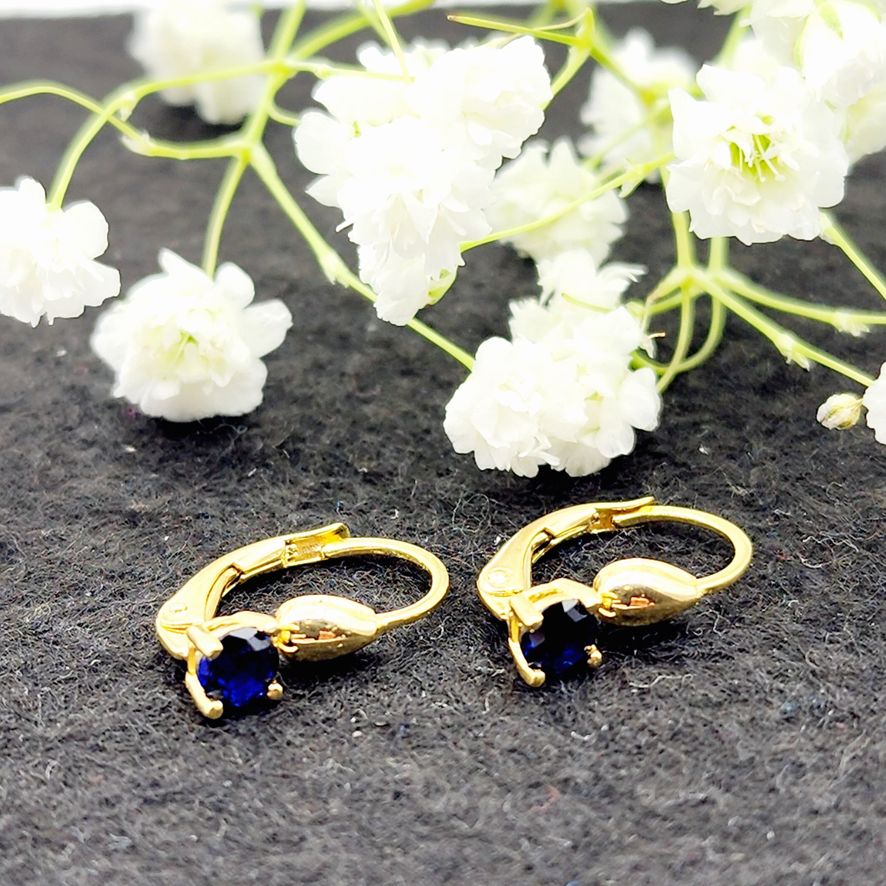 10K Yellow Gold Blue Gemstone Lever Back Earrings