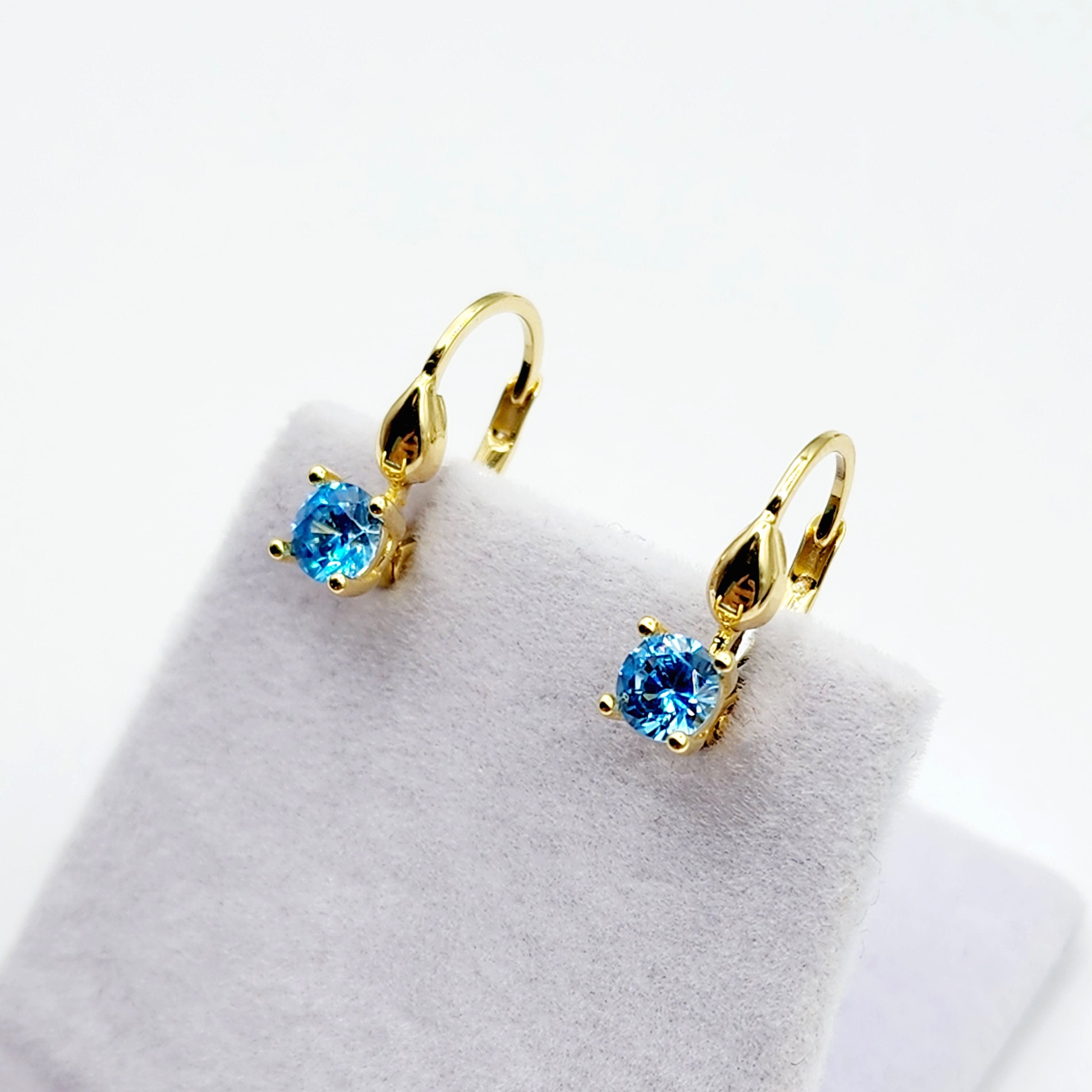 10K Yellow Gold Blue Gemstone Lever Back Earrings, Gold Blue Topaz Earrings for Women, Drop Earrings with Gemstone, Gift For Her