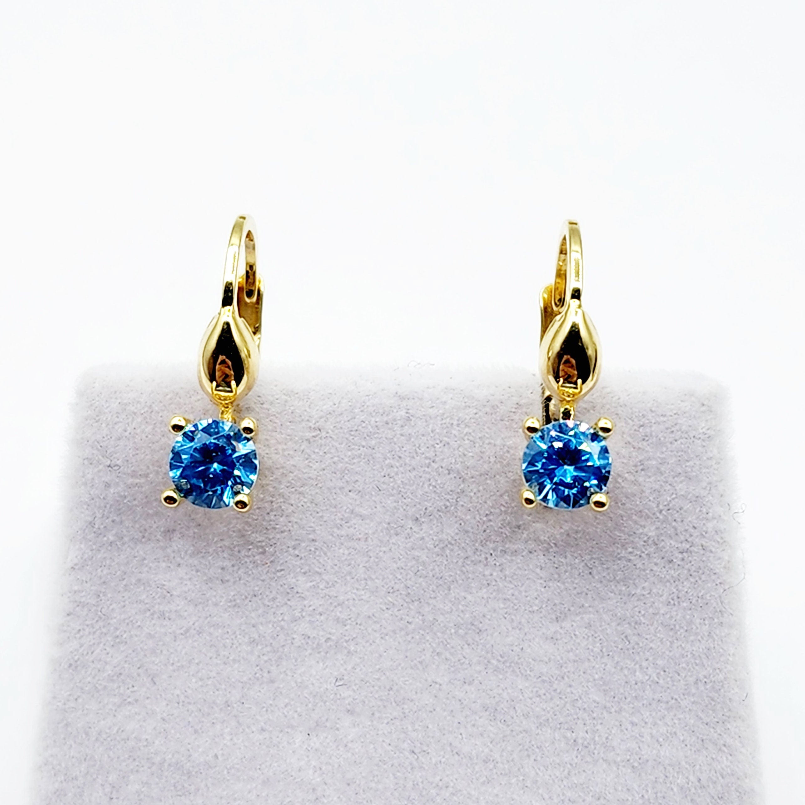 10K Yellow Gold Blue Gemstone Lever Back Earrings, Gold Blue Topaz Earrings for Women, Drop Earrings with Gemstone, Gift For Her