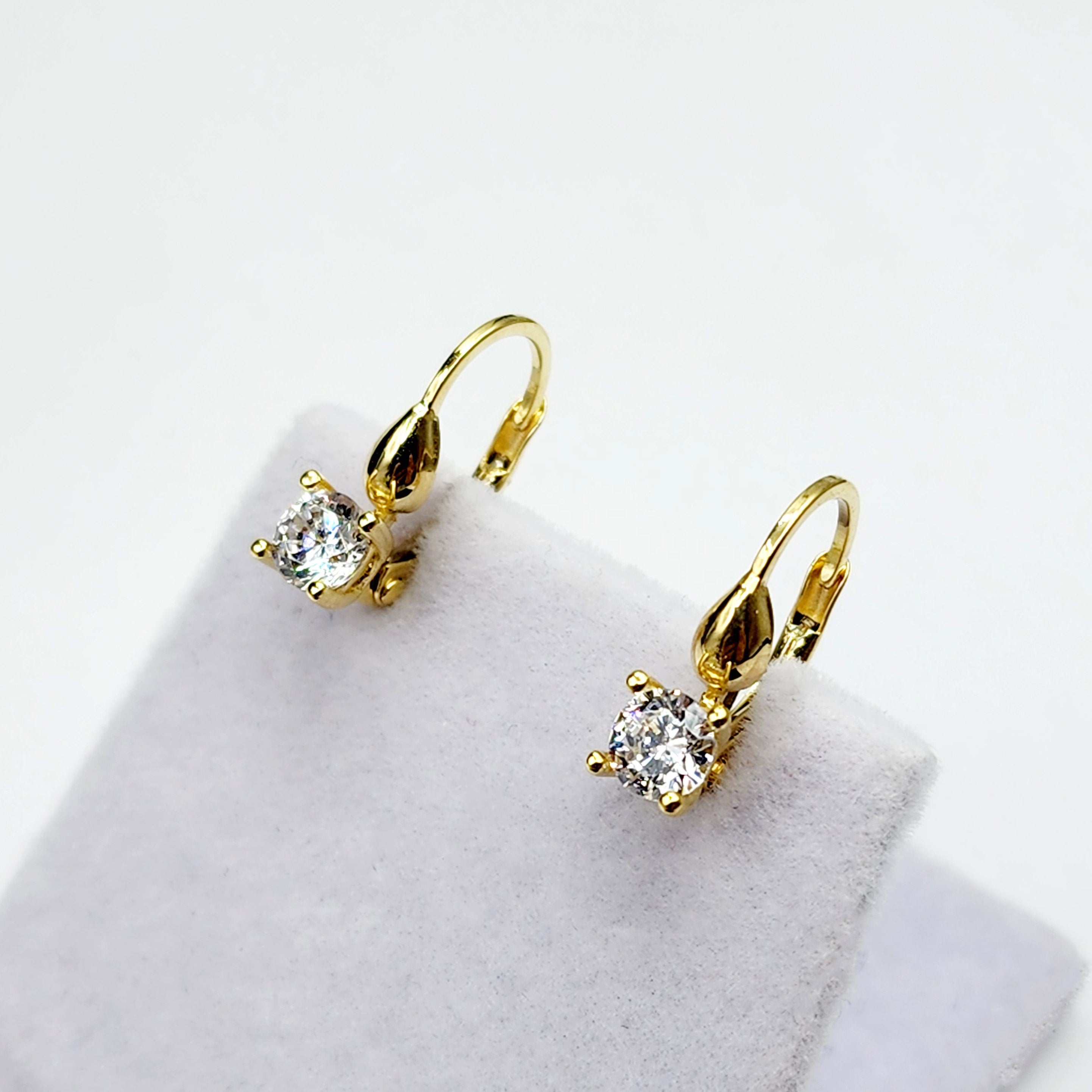 10K Yellow Gold White Gemstone Lever Back Earrings, Gold Cubic Zirconia Earrings for Women, Drop Earrings with Gemstone, Gift For Her