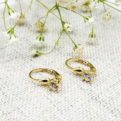 10K Yellow Gold White Gemstone Lever Back Earrings, Gold Cubic Zirconia Earrings for Women, Drop Earrings with Gemstone, Gift For Her