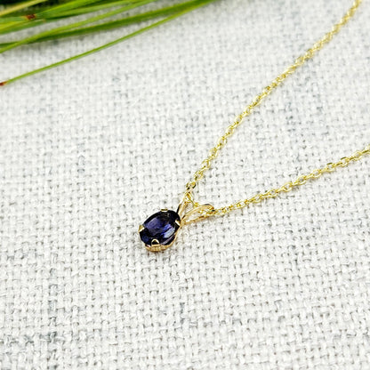 14K Yellow Gold Genuine Iolite 6x4mm Pendant, Gemstone Charm, Handmade Pendant, Pendant For Girls