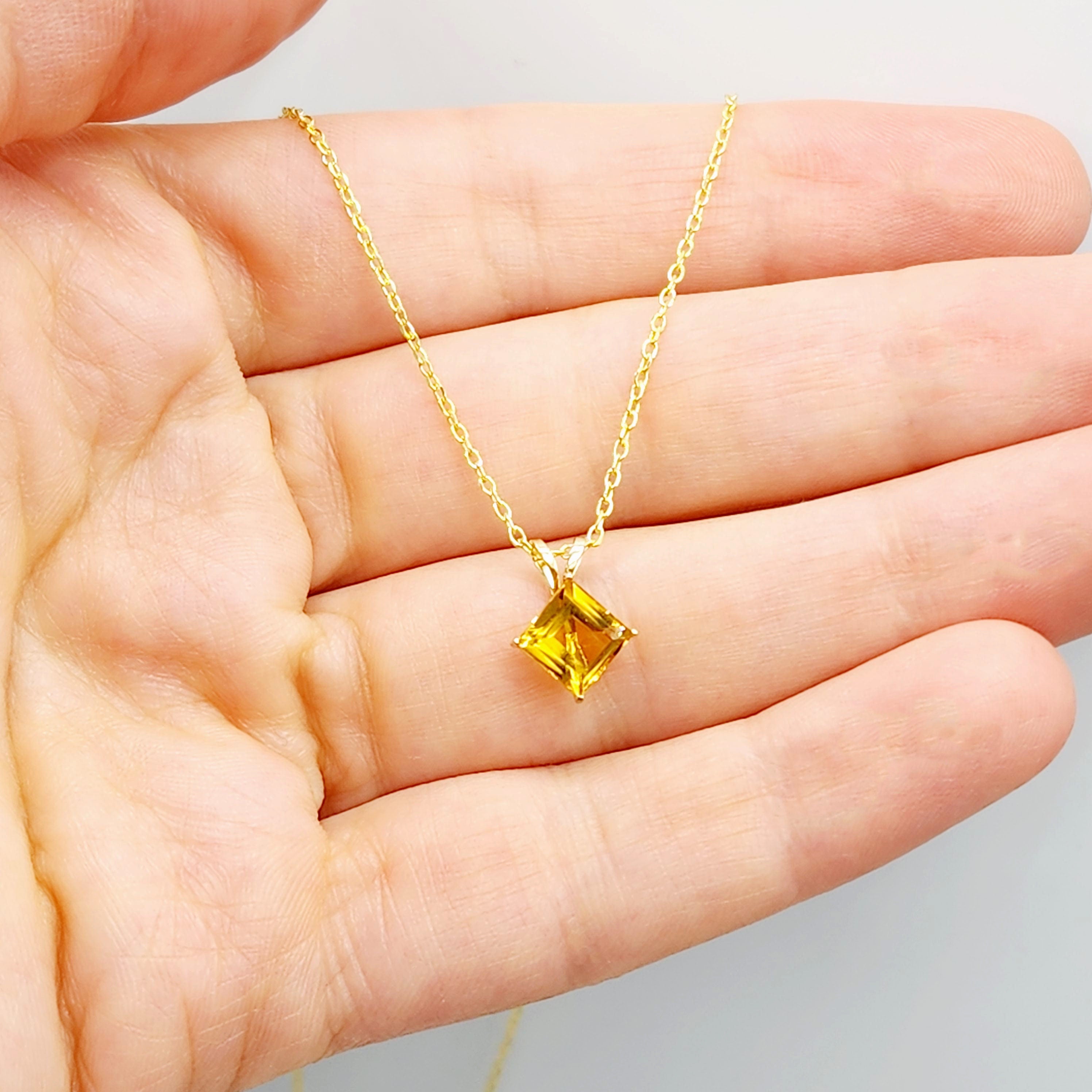 Gold Citrine Pendant Necklace , 10K Yellow Gold Citrine 6x6mm Pendant, November Birthstone Jewelry Gift for Women, Square Gemstone Pendant