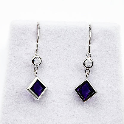 10K White Gold Amethyst with Moonstone Drop Earrings, February Birthstone Gift for Her