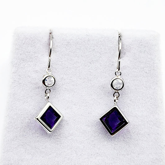 10K White Gold Amethyst with Moonstone Drop Earrings, February Birthstone Gift for Her
