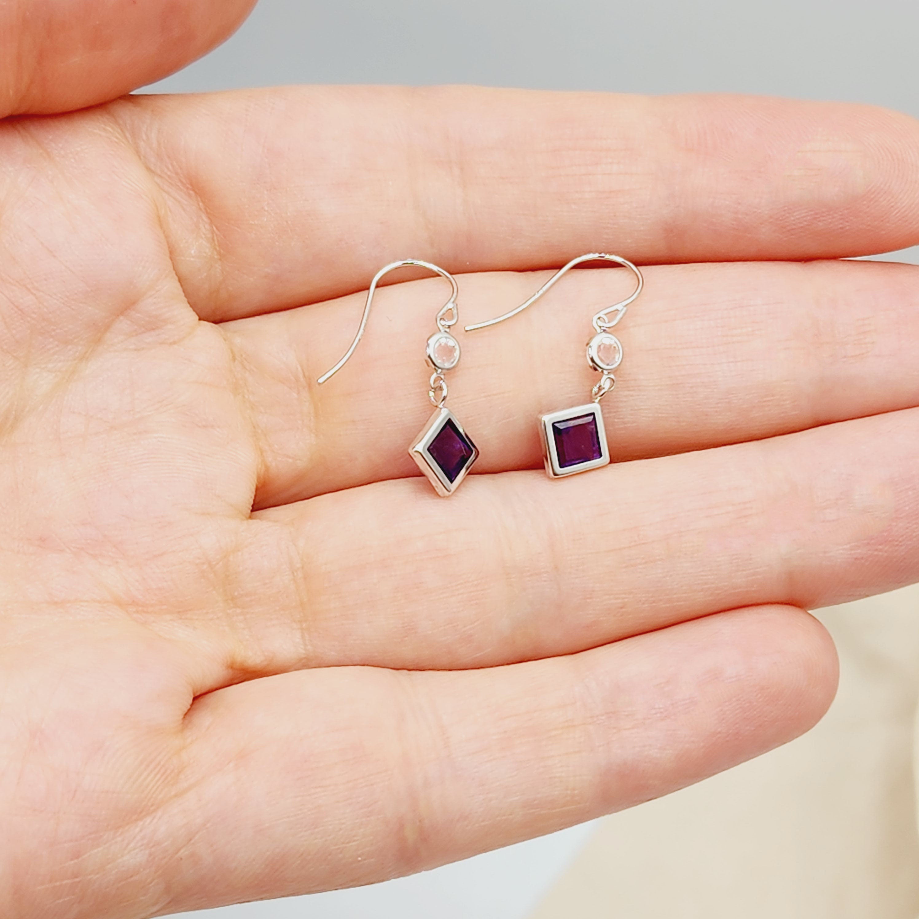 10K White Gold Amethyst with Moonstone Drop Earrings, February Birthstone Gift for Her
