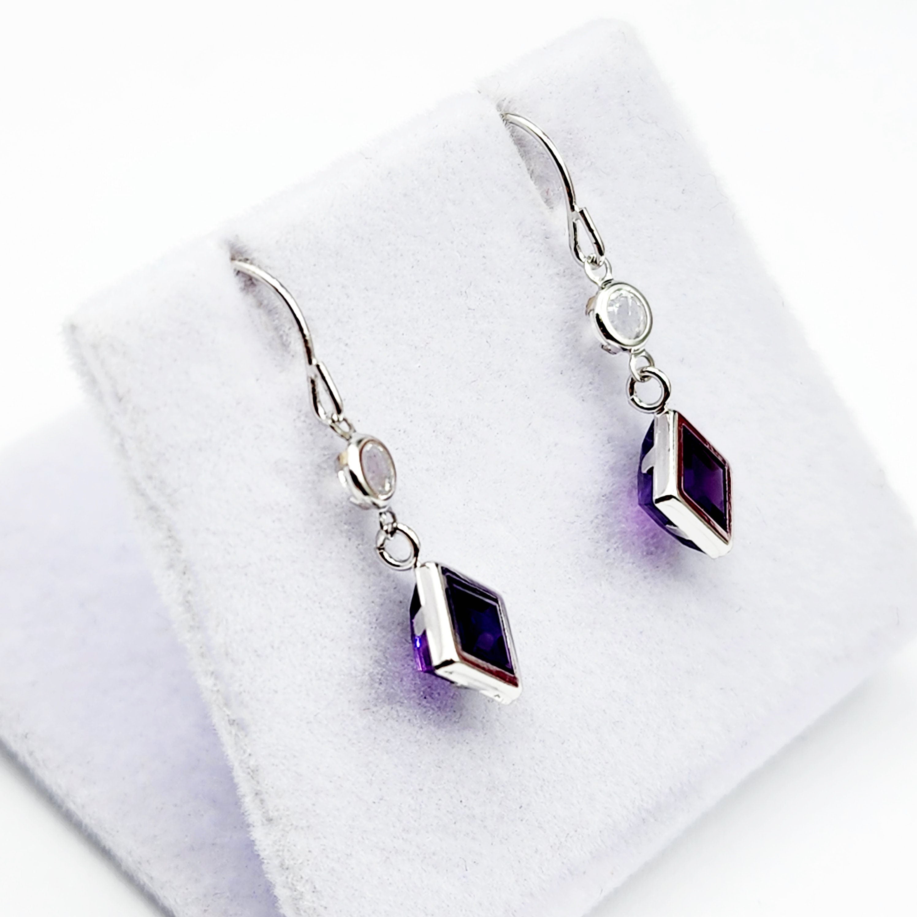 10K White Gold Amethyst with Moonstone Drop Earrings, February Birthstone Gift for Her