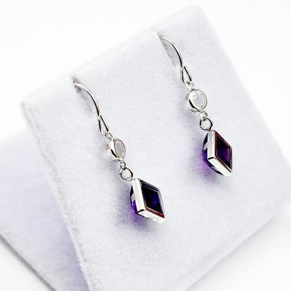 10K White Gold Amethyst with Moonstone Drop Earrings, February Birthstone Gift for Her