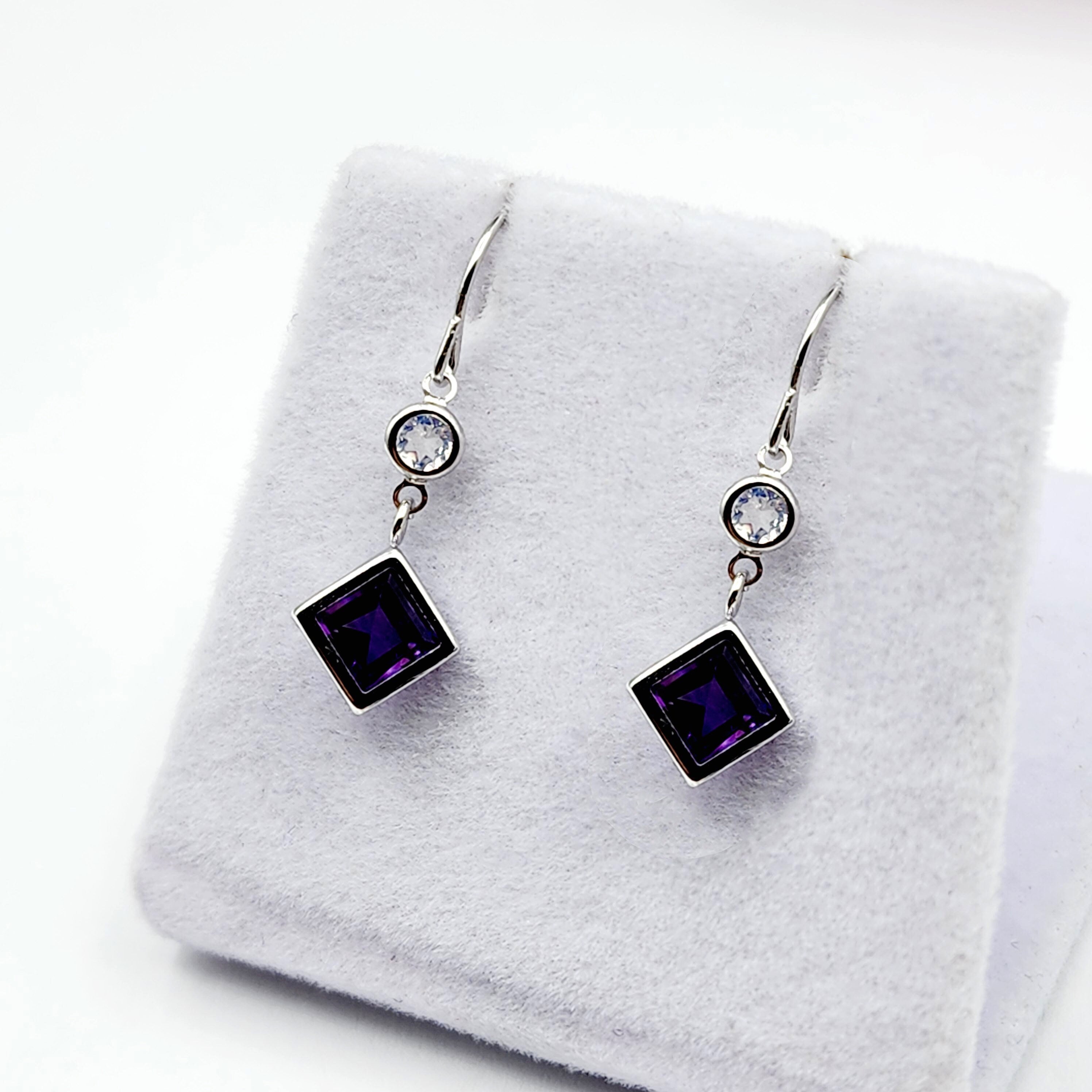 10K White Gold Amethyst with Moonstone Drop Earrings, February Birthstone Gift for Her