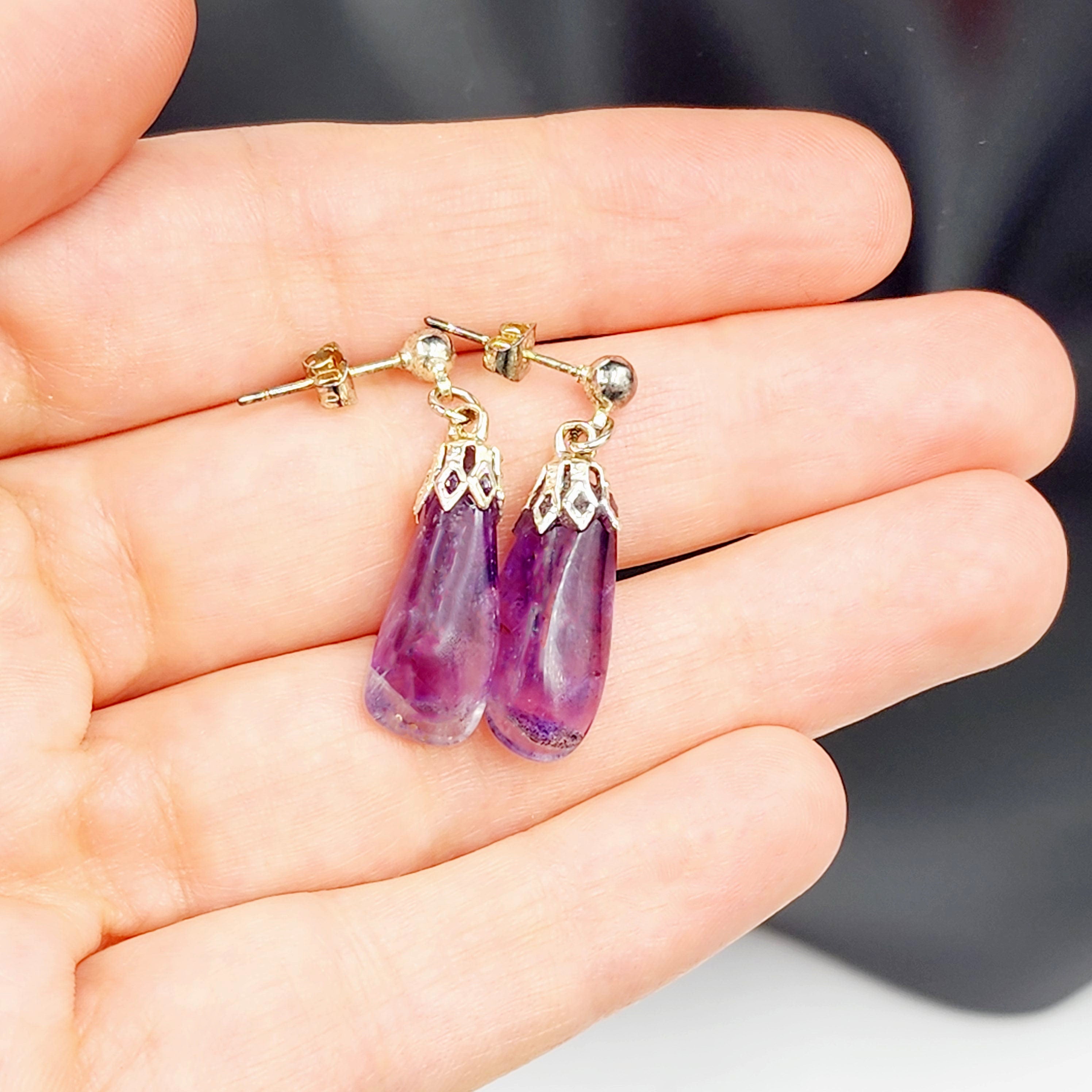 Silver Natural Amethyst Drop Earrings, February Birthstone, Amethyst Set Jewelry for Women, Gift for Girls
