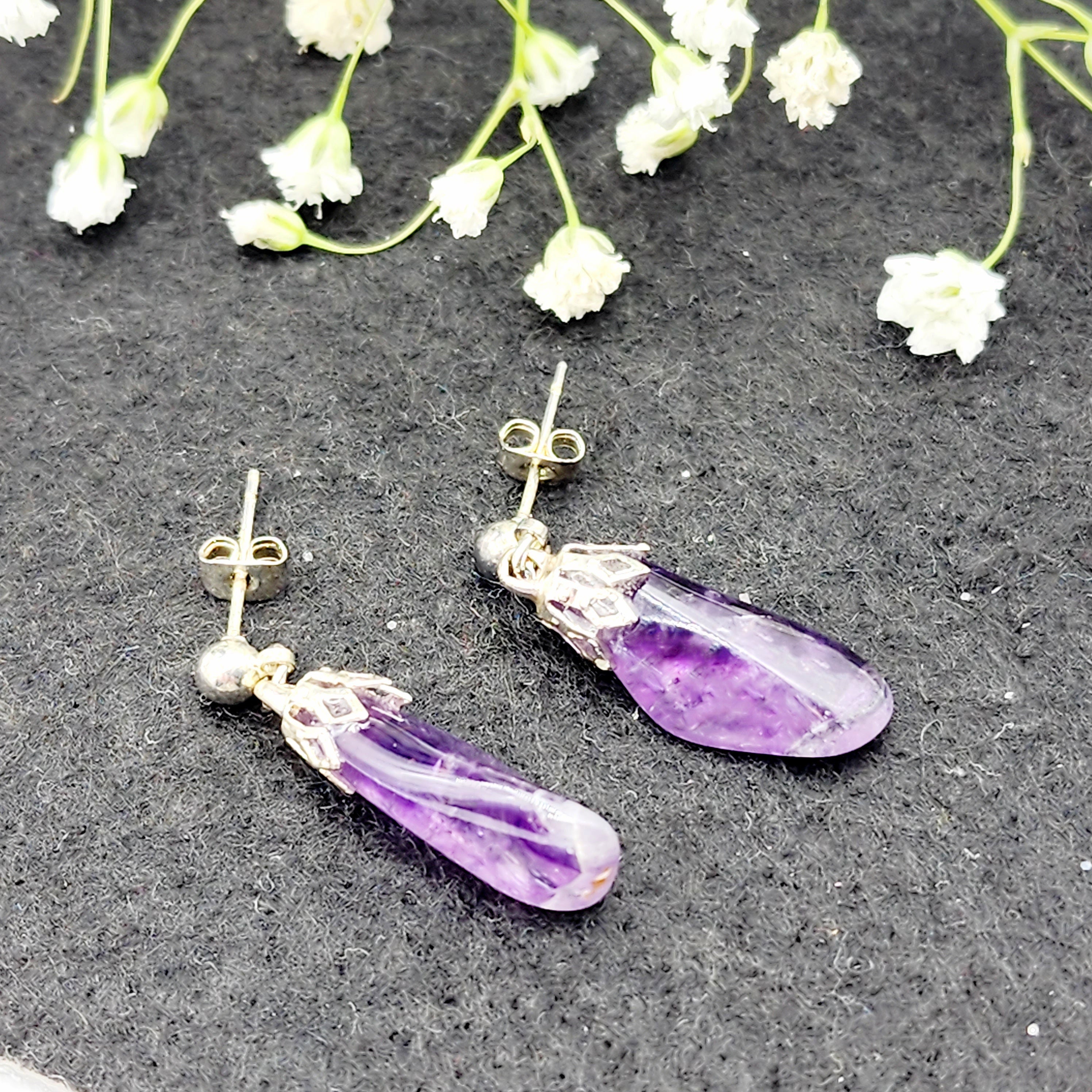 Silver Natural Amethyst Drop Earrings, February Birthstone, Amethyst Set Jewelry for Women, Gift for Girls