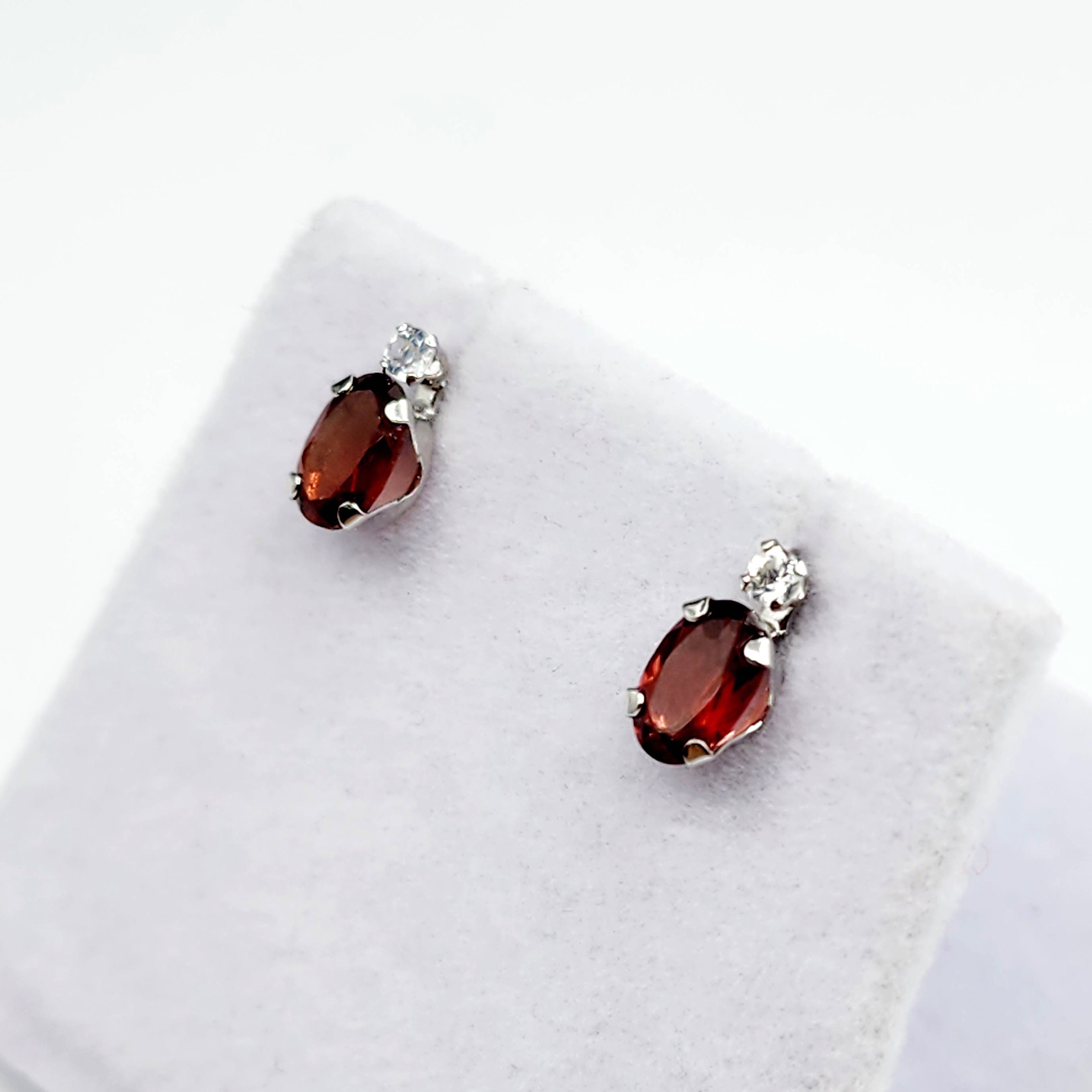 10K White Gold Garnet with Moonstone Earrings | Gold Genuine Garnet Stud Earrings, January Birthstone Jewelry, Earrings For Women