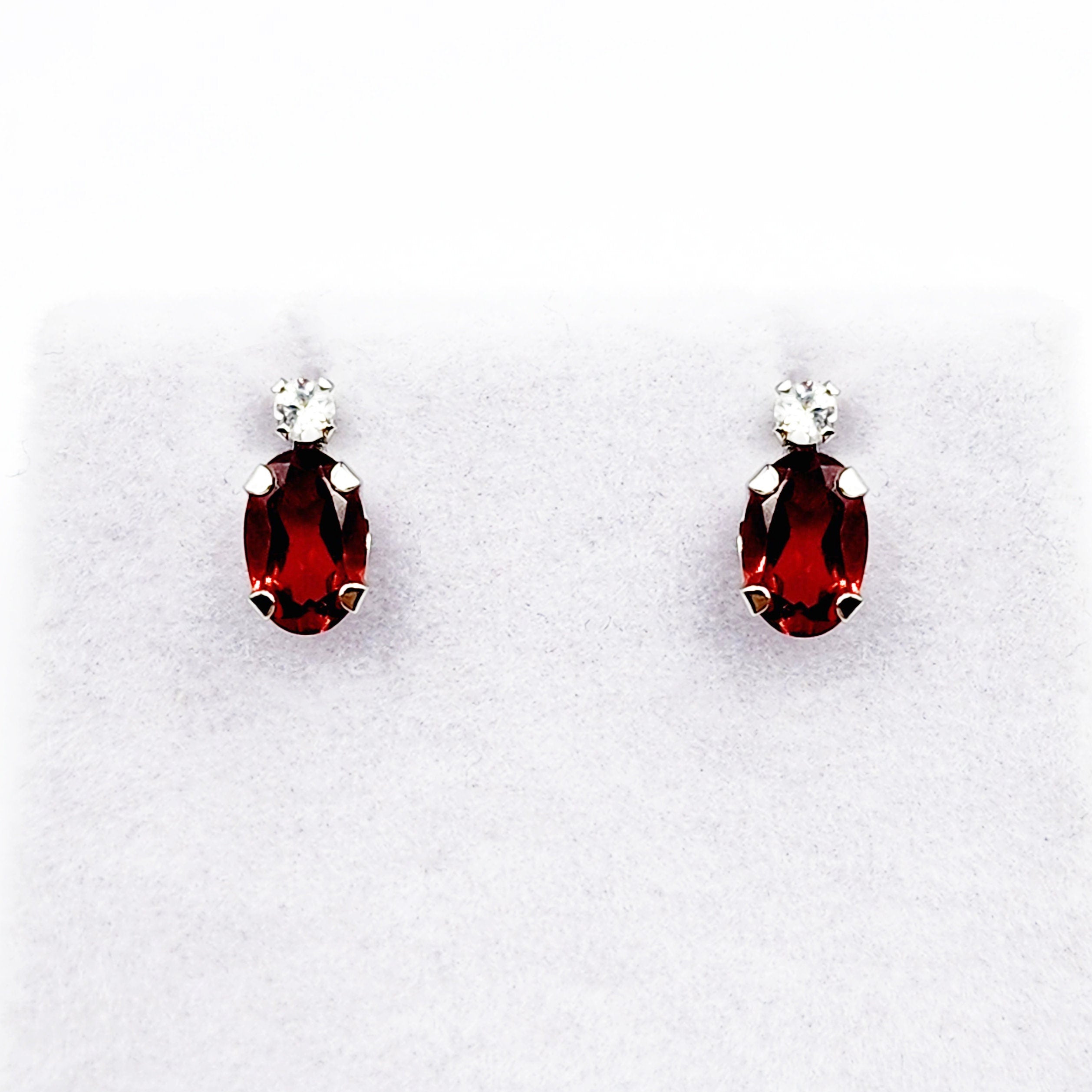 10K White Gold Garnet with Moonstone Earrings | Gold Genuine Garnet Stud Earrings, January Birthstone Jewelry, Earrings For Women