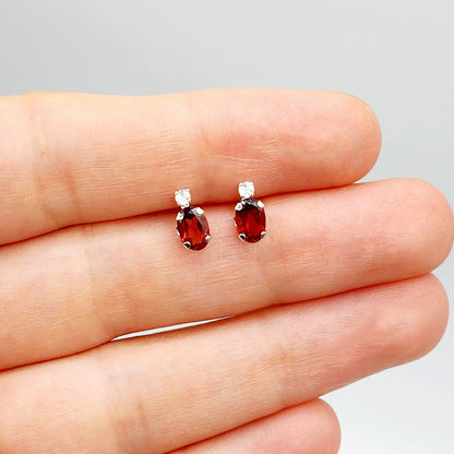 10K White Gold Garnet with Moonstone Earrings | Gold Genuine Garnet Stud Earrings, January Birthstone Jewelry, Earrings For Women