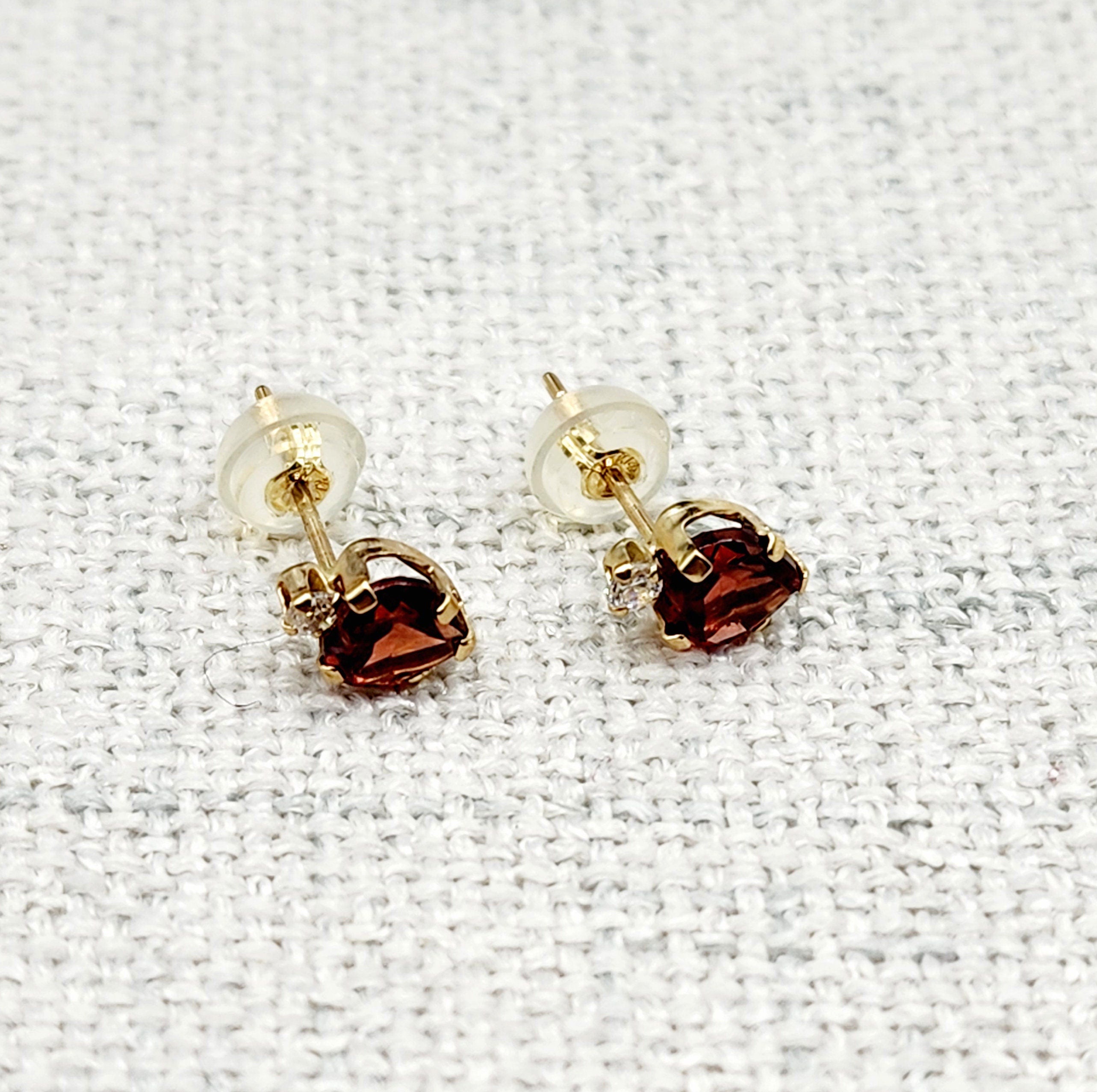 10K Yellow Gold Heart Garnet Stud Earrings, January Birthstone