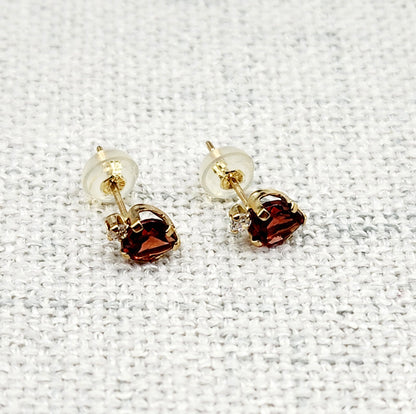 10K Yellow Gold Heart Garnet Stud Earrings, January Birthstone